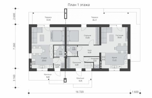 Одноэтажный дом на две семьи с мансардой, террассами и балконами